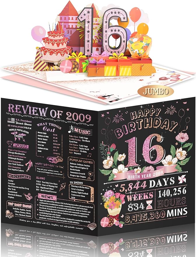 Sweet 16th Birthday Card for Girls Daughter,Jumbo Pop Up Sweet 16th Birthday Cards for Granddaughter Sister, Sweet 16th Birthday Decorations for 16 Year Old Girl Daughter Funny Birthday Gifts, Review of 2009, Pink