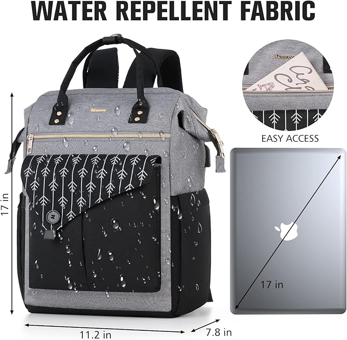 MOMUVO Laptop Backpack for Women Laptop Bag with USB Port, Student Bookbag Water Resistant Backpacks Teacher Doctor Nurse Work Backpack Stylish Travel Bags, Fits 17-Inch Laptop Grey Black