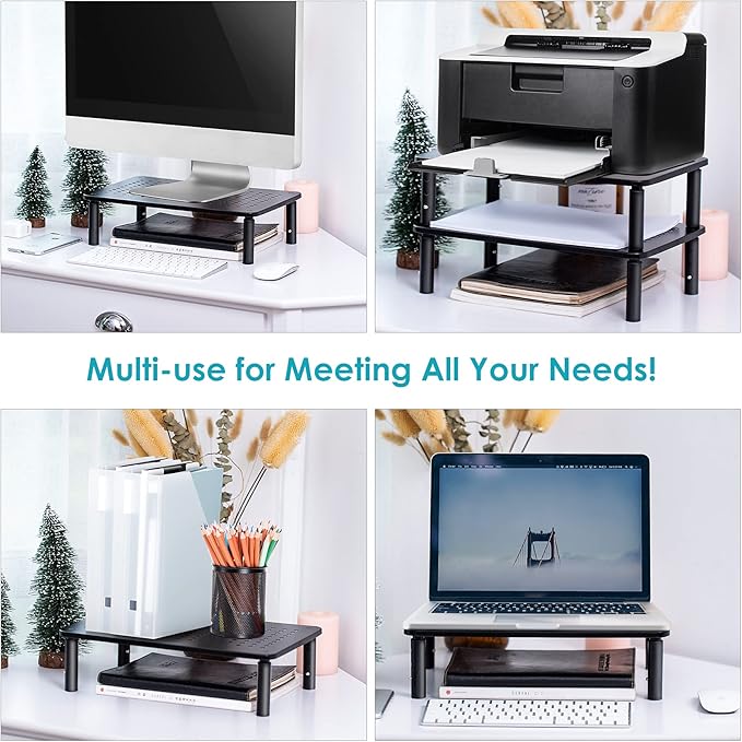 Monitor Riser Desktop Stand, Flat Screen TV Monitor Stand Riser, Sturdy Metal Laptop Computer Monitor Stand Shelf for Printer, iMac, 3 Height Adjustable PC Stand with Mesh Platform