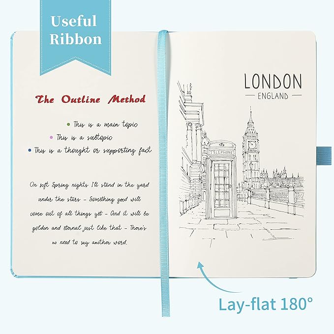 Blank Journal/Notebook - Classic Notebook/Journal with Ribbon Divider, Hardcover with Thick Paper, 5.3'' x 8.26'', Banded + Pen Holder +Inner Pocket - Light Blue