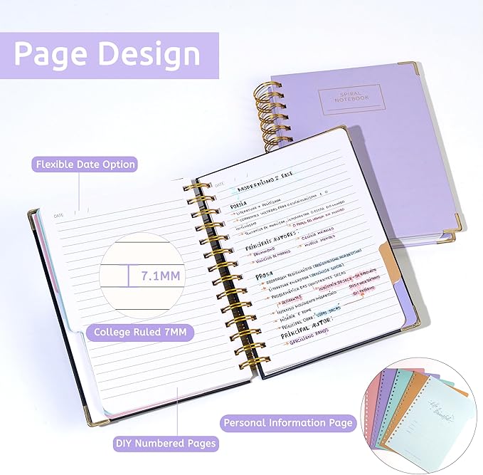 Hardcover Spiral Notebook with Tabs 5.5"x7.5" Small Spiral Lined Journals for Women with Dividers 220 Pages College Ruled Composition Notebook 5 Subject Notebook for Work School Gifts, Purple