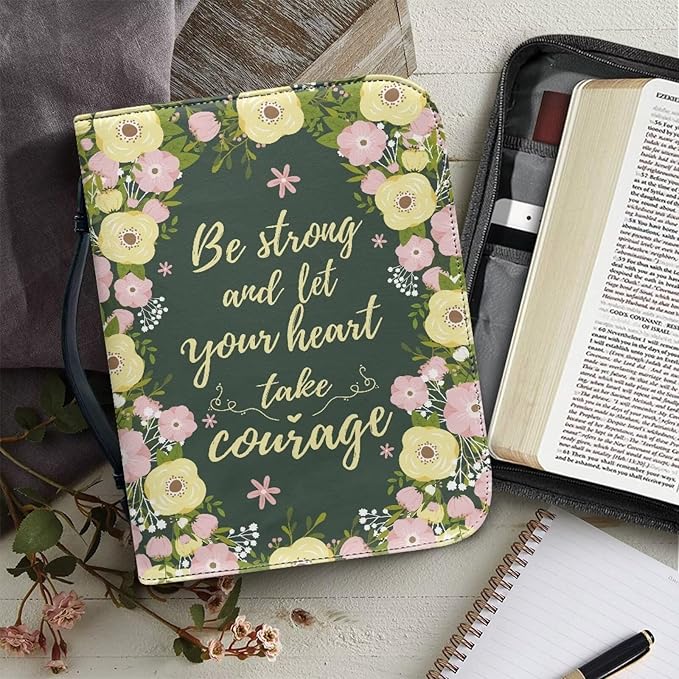Lotusorchid Floral Bible Book Cover Case with Handle Pocket, Portable Bible Cover Case with Pen Storage, Sturdy PU Bible Tote Bag with Verse for Women Girls, Bible Accessories, Green,L