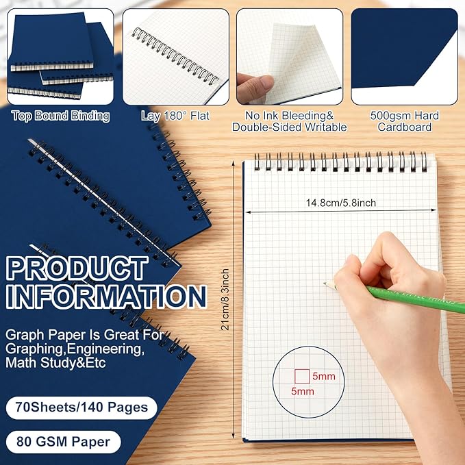 Graph Paper Spiral Notepad A5 Top Wirebound Notepad Grid Notebook Steno Pads Memo Notebook Grid Paper 140 Pages for Writing Sketching Drawing Office Supplies(Blue,12 Pack)