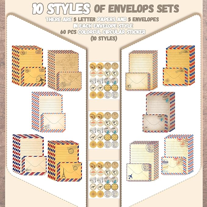 TaoBary 160 Packs Stationery Paper Set (50 Double Sided Stationery Writing Papers 50 Matching Envelopes) 60 Round Dot Sticker, 10 Design(Vintage Travel,8.5 x 11 Inch)