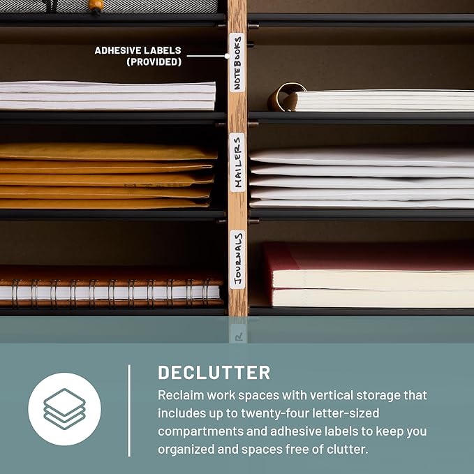 Safco Wooden Paper and Mail Organizer for Home Office and Classroom, Adjustable Shelves and Stackable, 32 Compartments with Drawers, Medium Oak