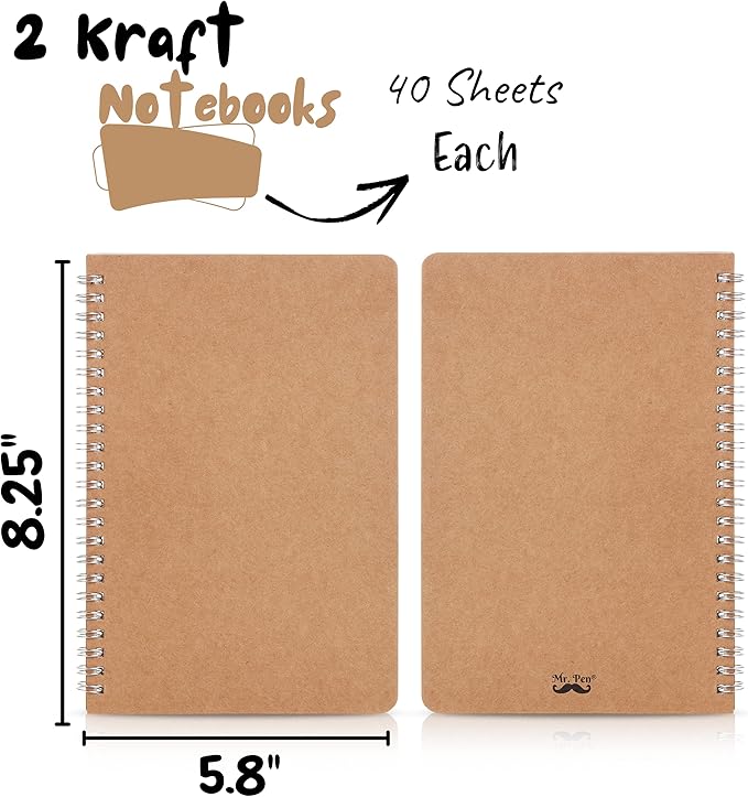 Mr. Pen- Spiral Notebook, A5, Kraft Cover, 2 Pack, 80 Pages, Sketch Book, Drawing Notebook, Notebook Spiral, Spiral Bound Notebook, Spiral Sketchbook, Blank Journal Notebook, Unlined Notebook