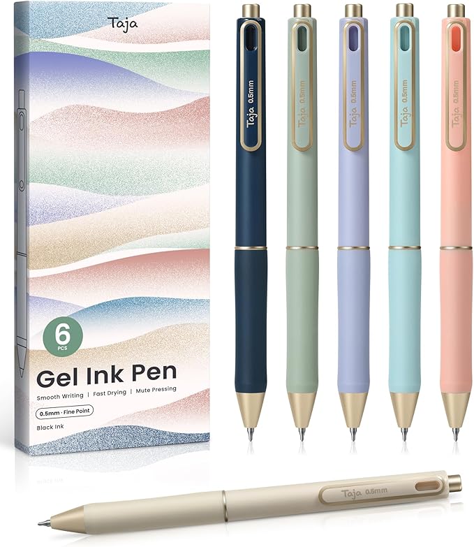Gel Pens, 6 Pcs Quick Dry Blcak Gel Ink Pens, 0.5mm Fine Point Smooth Writing Pens for Journaling and Note Taking, Cute Aesthetic Pens for Women & Men-Sand Gold