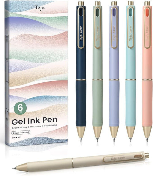 Gel Pens, 6 Pcs Quick Dry Blcak Gel Ink Pens, 0.5mm Fine Point Smooth Writing Pens for Journaling and Note Taking, Cute Aesthetic Pens for Women & Men-Sand Gold