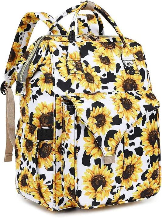 Sunflower Cow Print Laptop Backpack College School Backpack Bookbags Nurse Backpacks Travel Bags Casual Daypacks for Women Girls Fits 15.6 Inch Notebook