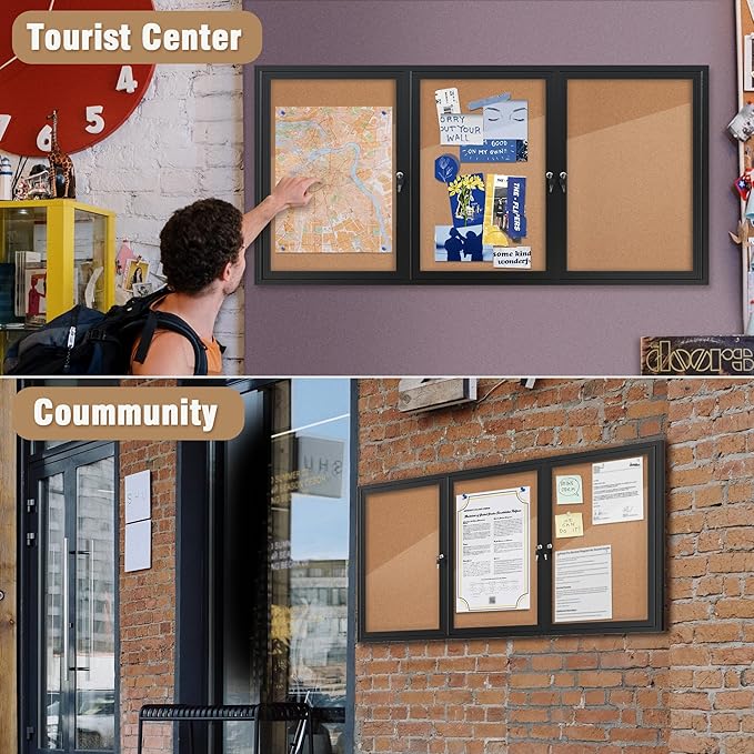 70"x34" Enclosed Bulletin Board, Outdoor Lockable Weather-Resistant Aluminum Cork Noticeboard for School & Office, Black Frame w/Cork