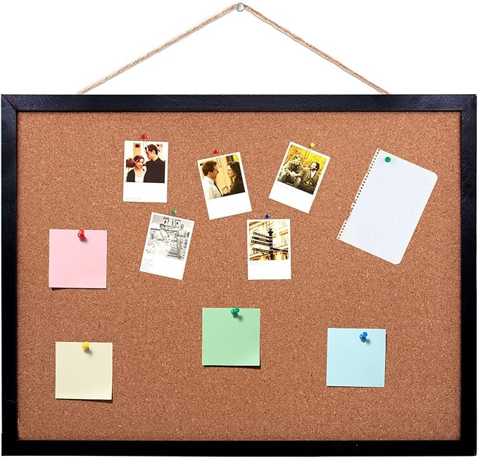 Black Cork Board Bulletin Board, 17.7"X 13.3" pin Boards for Walls, Oak Wood Finish Frame, Wall Mounted Cork Board for Office Home and School(Pins, Eye Bolts, gaskets, Screws)