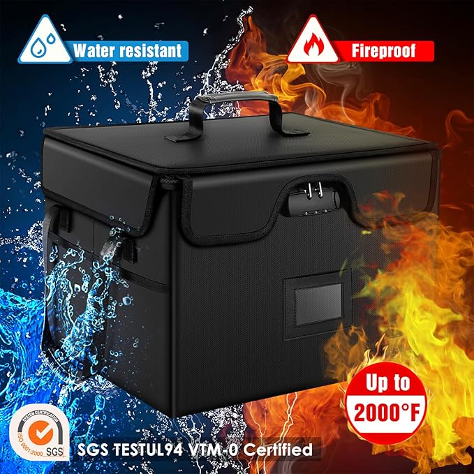 AMBOR File Box with Lock, Fireproof Document Box with 5 Tabs, Collapsible File Organizer with Handle for Home Office for Letter & Legal Folder/Certifications/Books Storage, Black