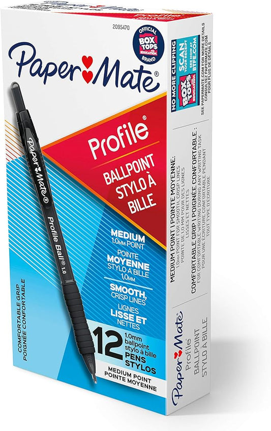 Paper Mate Ballpoint Pen, Profile Retractable Pen, Medium Point (1.0mm), Black, 12 Count