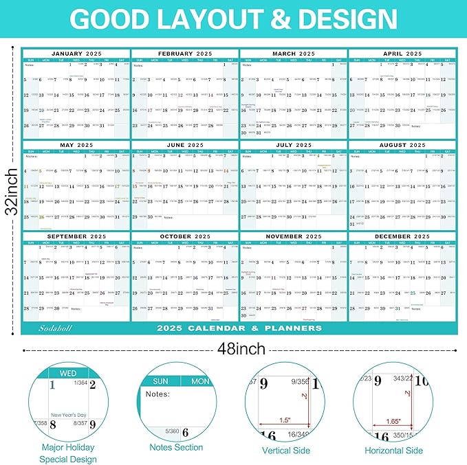 32" x 48" 2025 Wall Calendar, Folded Wet & Dry Erase Wall Calendar 12 Month, Annual Yearly Planner Yearly Laminated Calendar 2025 Horizontal/Vertical, with Julian Dates