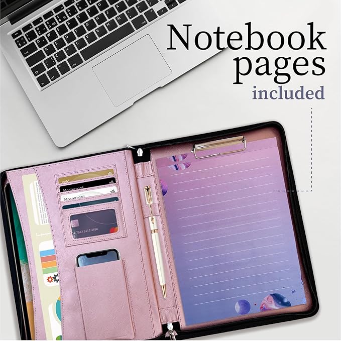 Elegant Portfolio Organizer with Handle, PU Leather Padfolio for Women/Men 13.5 x 10" with Cute Designed Notepad, Portfolio Binder for Business Class Interviews, Portfolio Bag, Portfolio Padfolio