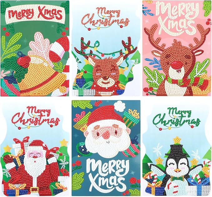 6 Pack 5D Diamond Art Painting Christmas Greeting Card Kits Paint with Diamonds Christmas Greeting Cards with Envelope Christmas DIY Crafts for Holiday, Friends and Family Creative Gift
