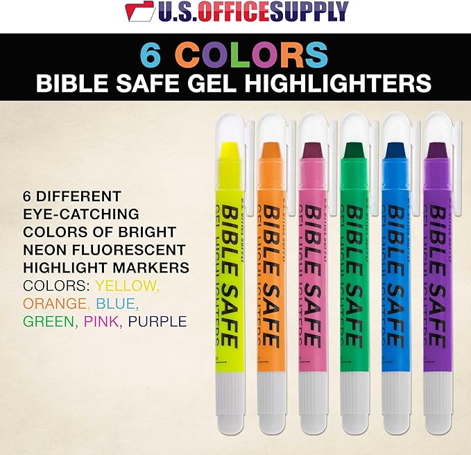 U.S. Office Supply Bible Safe Gel Highlighters, 6 Pack Set - 6 Different Bright Neon Fluorescent Highlight Colors Yellow, Orange, Pink, Purple, Green, Blue - Won't Bleed, Fade or Smear - Study Guide