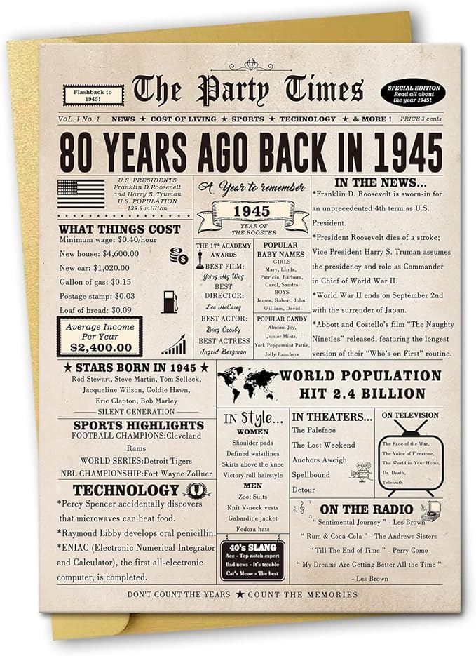 Ziwenhu Large 80 Years Old Birthday Gifts for Women Men,Vintage 80th Greeting Birthday Cards Decorations for Husband Wife,Special 80th Birthday Card for Grandparent