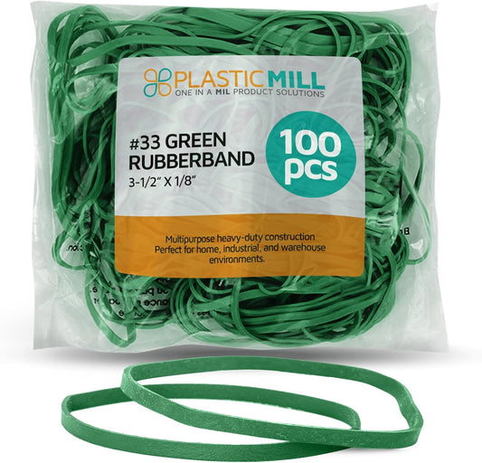 PlasticMill Green Rubber Bands Size 33 (3 1/2" x 1/8") - #33 Colored Rubber Bands Office Supplies - Strong, Elastic Bands for Crafts, Balloon Garland, Cash, File Folders (100-Pack)