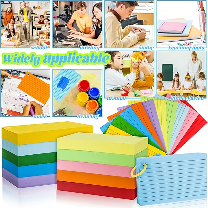 MotBach 280 Pcs Index Cards Flash Cards with Binder Rings,3" x 5", 6 Color Ruled Memo Note Study Cards Memo Scratch Pad Lined Studying Record Index Cards To Do List for Home School Office Supplies