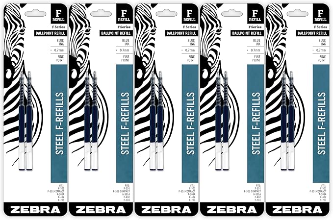 Zebra Pen F-Series Ballpoint Stainless Steel Pen Refill, Fine Point, 0.7mm, Blue Ink, 10-Pack,50071