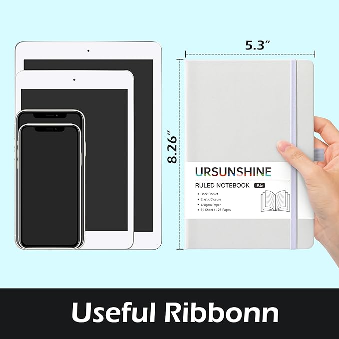 Ruled Notebook/Journal - Classic Lined Journal/Notebook, 5.3'' x 8.26'', Hardcover with Thick Paper, Banded + Pen Holder +Inner Pocket - White