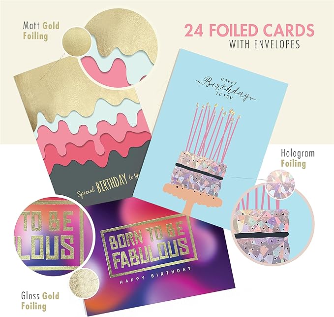 easykart labels 24 Unique Birthday Cards Assortment with Greetings Inside. For Businesses and Individuals, 4X5.5 Inch Assorted Foiling Cards with Envelope with Sealing Stickers
