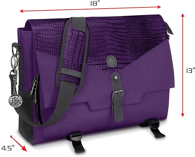 ENHANCE Collector's Edition RPG Player's Essentials DnD Bag - Dragon Hide Exterior Messenger Bag Fits 2-4 Books, Binders, Dice & Accessories, with 17 inch Laptop Slot, Battlemap Straps (Dragon Purple)