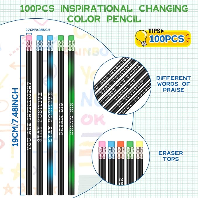 Epakh 100 Pcs Inspirational Pencils Color Changing Pencils Bulk with Eraser HB Wooden Pens Gift for Kids Students Classroom Christmas Party(Black,Classic Style)