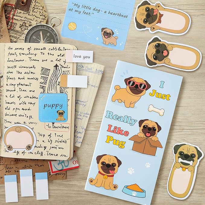 I Just Really Like Pug Sticky Notes Set, 550 Sheets, Cute Cartoon Pug Self-Stick Notes Pads Animal Divider Tabs Bundle Writing Memo Pads Back to School Office Supplies Small Gift
