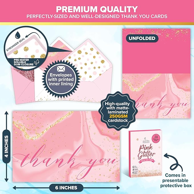 Decorably 24 Pack Glittery 6x4in Pink Thank You Cards with Envelopes and Stickers, 6 Elegant Designs Pink Thank You Notes, Blank Inside - Wedding, Baby Shower, Birthday