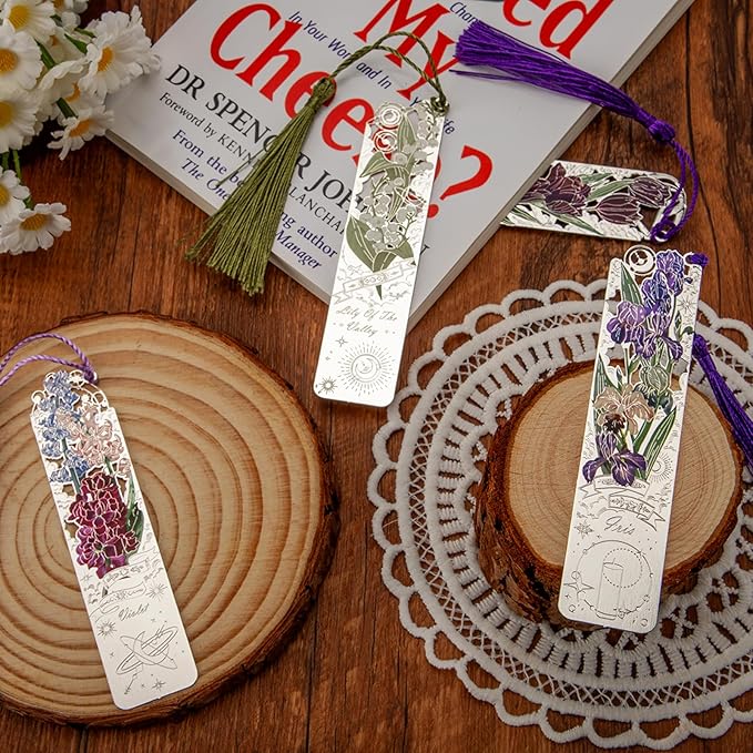 4 PCS Metal Bookmarks with Tassel, Iris, Violet, Tulip, Lily of The Valley Bookmark, Pretty Bookmarks for Women, Very Beautiful Bookmark, Metal Bookmarks Gifts, Graduation Gift(062-2)