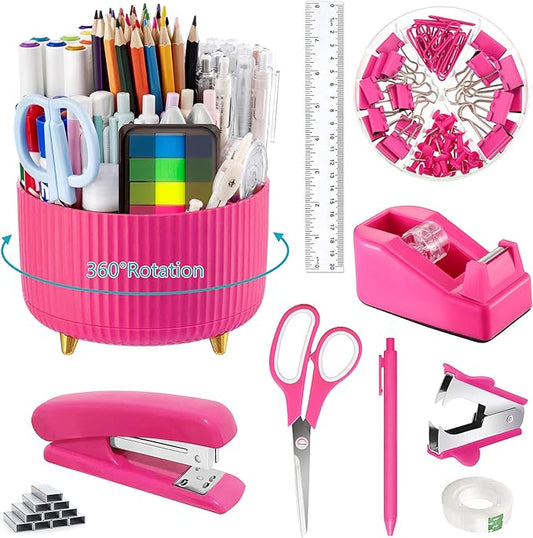 Hot Pink Desk Accessories, Hot Pink Office Supplies 360°Pen Holder Desk Organizers and Accessories with Tape Dispenser, Stapler, Staple Remover, 1000 Staples, Tape, Clips Set, Ruler, Scissor, Pen