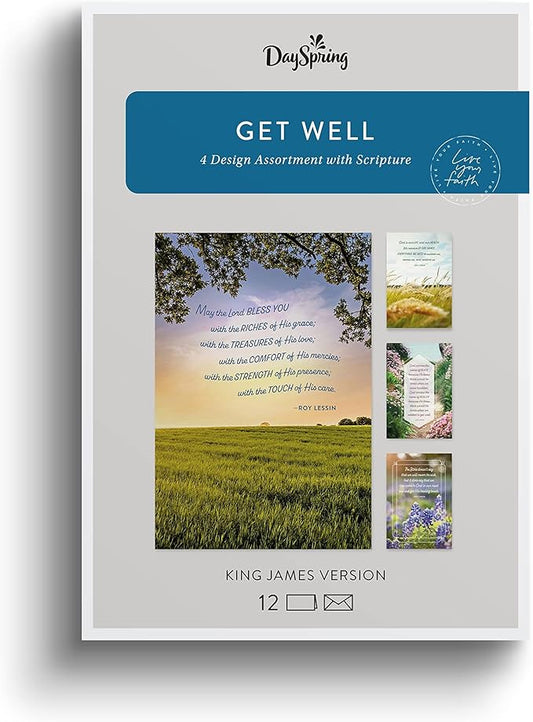 DaySpring - Roy Lessin - May the Lord Bless You - 4 Landscape Design Assortment with Scripture - King James Version - 12 Get Well Boxed Cards & Envelopes (U1206)
