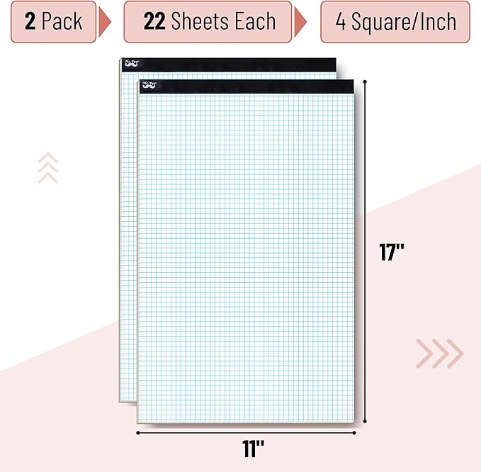 Mr. Pen- Graph Paper, 2 Pack of 22 Sheets, 17"x11", 4x4 (4 Squares per inch), Graphing Paper, Grid Paper Pad, Math Graph Paper Pad, Drafting Paper, Computation Pads, Large Graph Paper