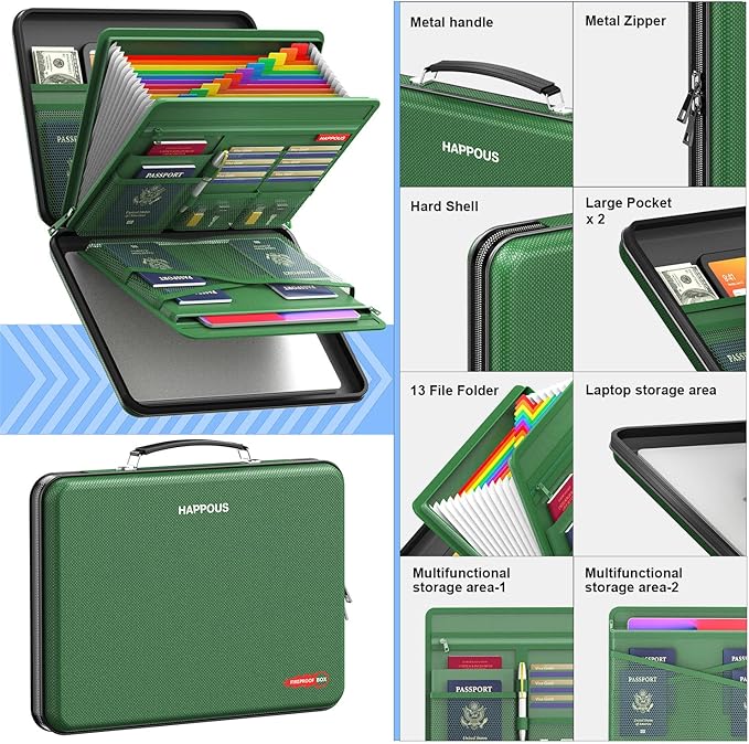 Fireproof Document Box, Expanding File Organizer with 13 Pockets, Portable Fireproof File Box Hard-Shell Document Organizer Storage for Documents Laptop Passports Cards Green