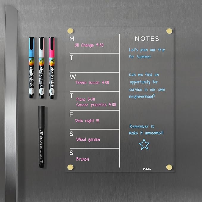 Magnetic Acrylic Weekly Calendar for Fridge, Weekly Meal Planner with Notes, Includes 4 Magnetic Wet-Erase Markers for Refrigerator, 9" X 12" | Black Hardware