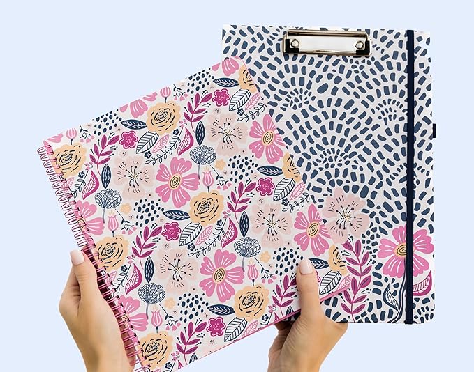 Steel Mill & Co Cute Large Spiral Notebook College Ruled, 11" x 9.5" with Durable Hardcover and 160 Lined Pages, Mosaic Floral