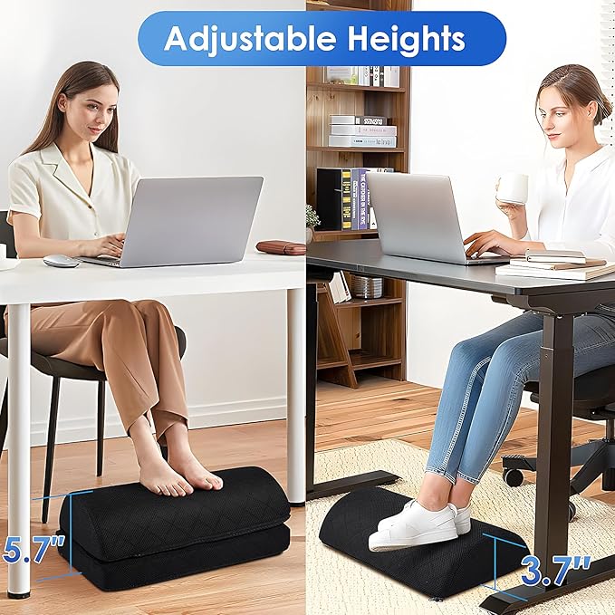 Foot Rest for Under Desk at Work Adjustable Foam for Office and Home, Office Desk Accessories，Comfortable Footrest with 2 Adjustable Heights，Back & Hip Pain Relief (Black)