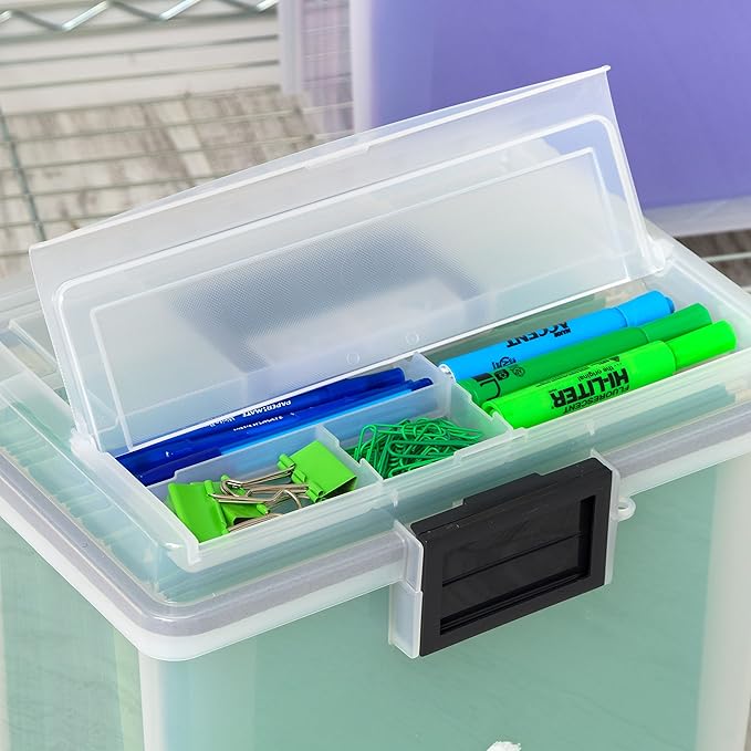 IRIS USA File Box WeatherPro Portable File Organizer Plastic File Box for Letter File w/ Organizer-Lid, Durable Lid and Gasket Seal, Secure Latching Buckles, Stackable, Lockable, Clear 19 Qt. 4 Pack