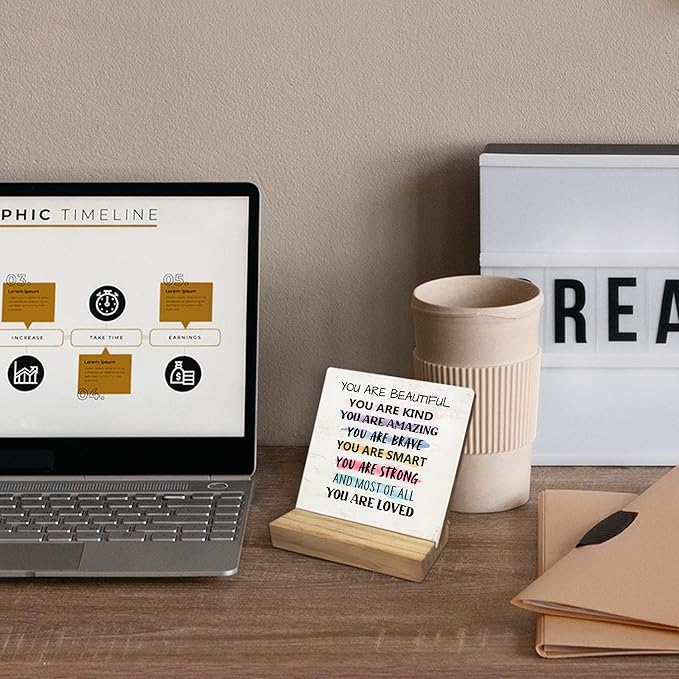 Inspirational Desk Decor, You Are Beautiful Kind Positive Quotes Wooden Plaque Sign for Home Office Bedroom Desk Decor, Motivational Wooden Signs Birthday Thanksgiving Gifts