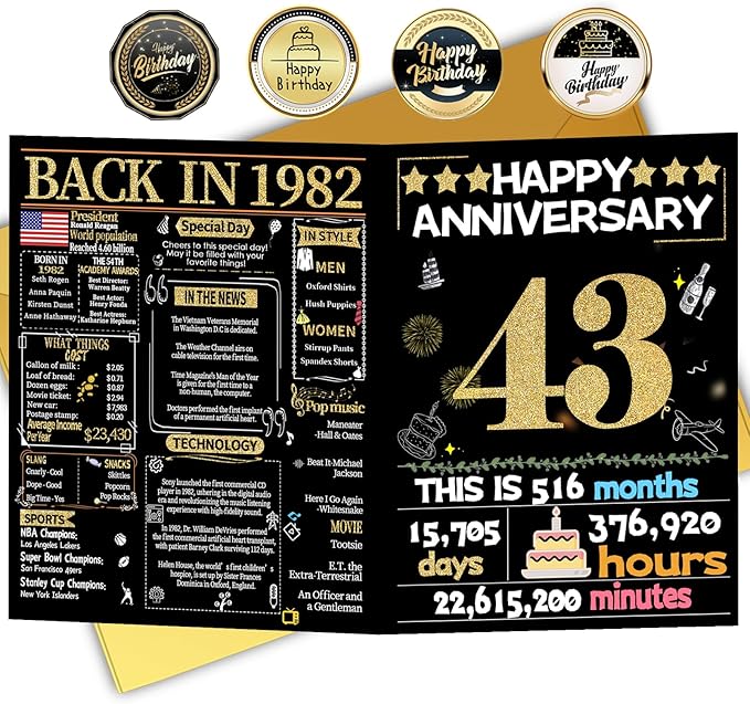 Joycard 43rd Anniversary Card for Women Men, Gold Wedding Card for Wife Husband, Sweet Marriage Decorations Gifts for Couple, Perfect for Her Him on Anniversary Day, Back in 1982