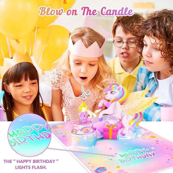 Birthday Card with Light&Music,Unicorn 3D Pop up Greeting Cards with Blowable Candle Birthday Gifts for Women Girls Daughter Sister Kids-With 0-9 DIY Number