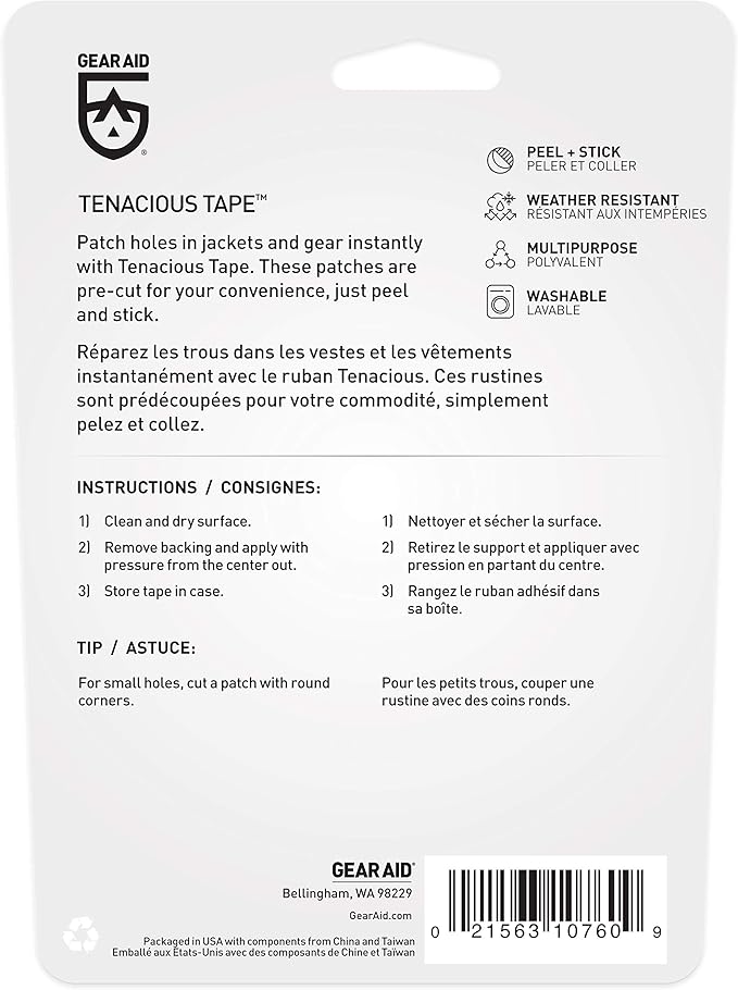 GEAR AID Tenacious Tape Mini Patches with Peel-and-Stick Adhesive Repairs Holes and Tears in Winter Gear, Down Puffer Jackets, Sleeping Bags, Tents and Rain Gear