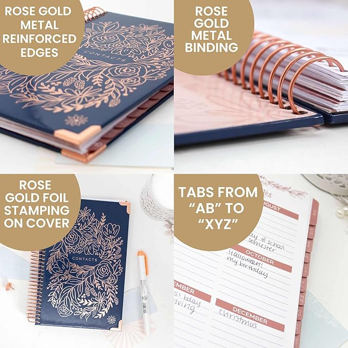 bloom daily planners Hardcover Contacts Address & Password Book - Alphabetical Organizer with Tabs - 6" x 8.25" - Navy Embroidery