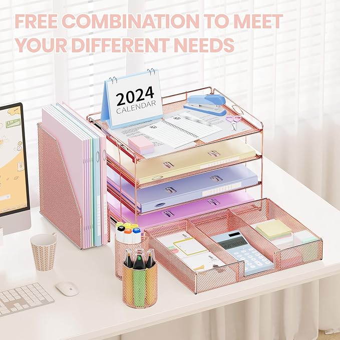 Desk Accessories - Workspace Organizer with 2 Pen Holders, 4 Tier Paper Organizer (Rose Gold)