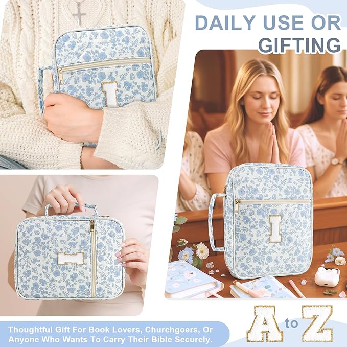Personalized Initial Bible Cover Case for Women Girls Kid - Large Quilted Bible Case with Handle, Stylish Chenille Letter Bag Study Supplies, Perfect Christmas Gifts for Christians (Blue Flower-I)
