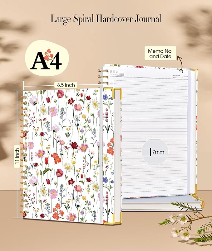 Cute Spiral Notebook Journal for Women, 200 Pages Lined Notebooks 8.5” x 11”, A4 Large Hardcover Spiral Journals with 100 GSM Thick Paper, College Ruled Notebook for Writing Work School, Wildflower Garden
