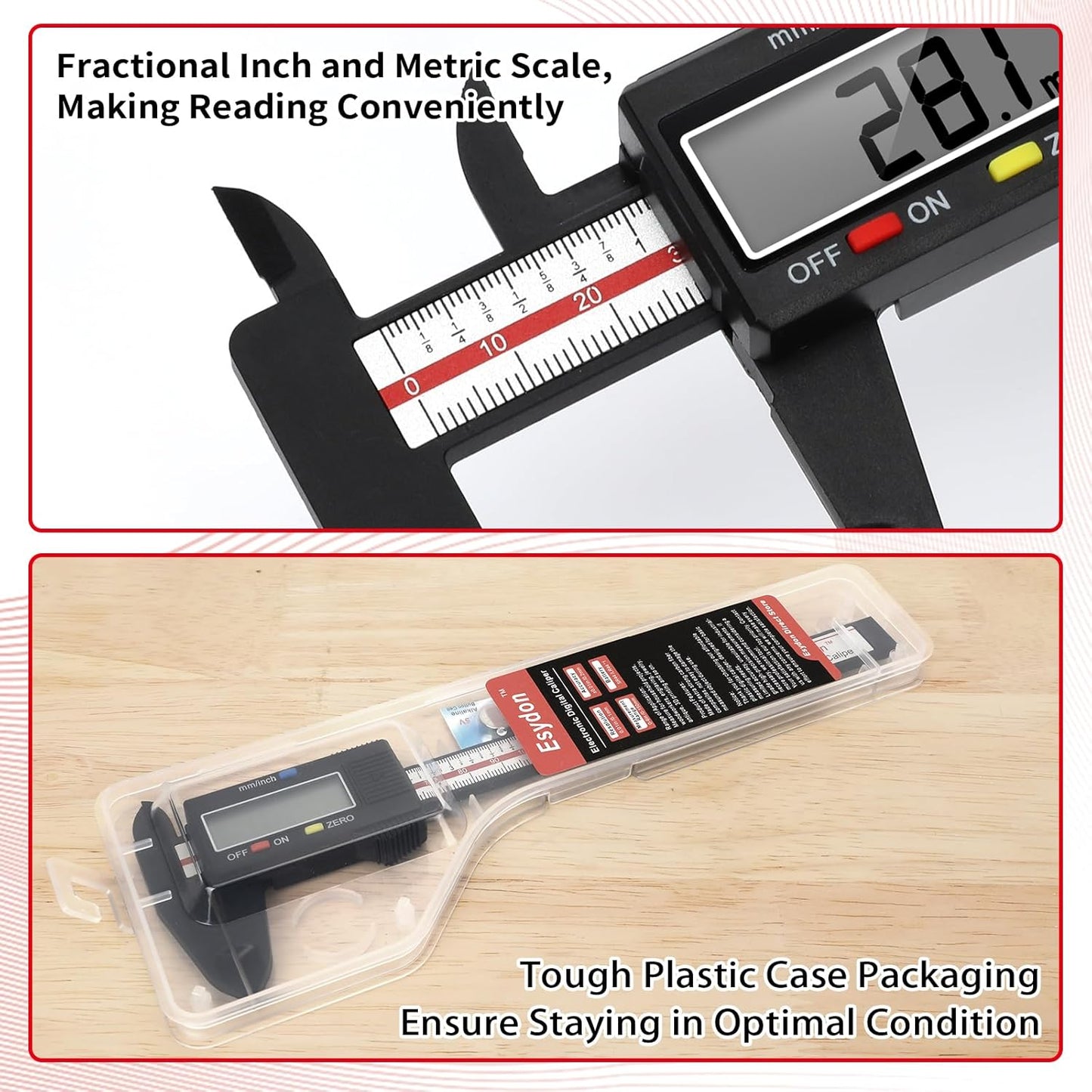Digital Caliper, Esydon Upgraded Calipers 6 inch, Measuring Tool, Electronic Ruler, with Large LCD Screen, Auto-Off Feature, Inch and Millimeter Conversion, Plastic Case, Perfect for Household, DIY