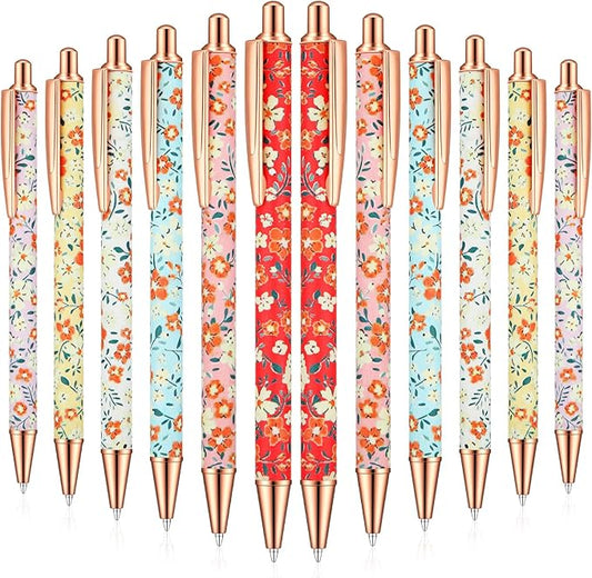 Glenmal 12 Pcs Flower Pens for Women Floral Ballpoints Pretty Fancy Pens Retro Floral Cute Ballpoints Black Ink Metal Retractable Writing Journaling Gifts for Office Supplies